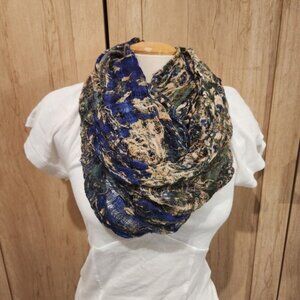 Abstract Print Infinity Scarf Blue Green Beige‎ Lightweight Crinkle Texture